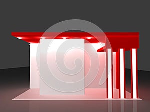 Red and white round booth with flags. 3D design