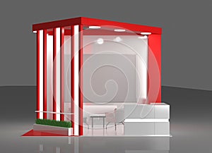 Red and white round booth with flags. 3D rendering