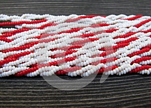 Red and white seed beads close up