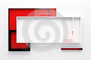 a red and white shelf with a black frame on a white wall