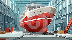 Red and White Ship Under Construction in a Large Shipyard