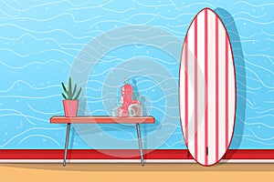 red and white shortboard in front of pastel blue wall photo