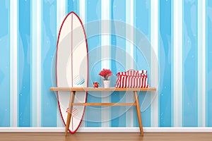 red and white shortboard in front of pastel blue wall photo