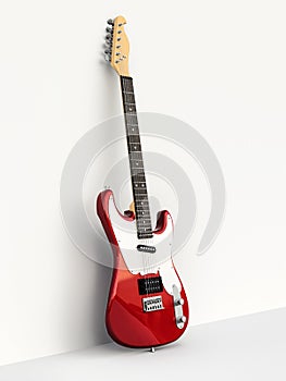 Red and white six-string electric guitar on a white background, leaning against the wall. 3d rendering.