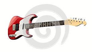 Red and white six-string electric guitar on a white isolated background. 3d rendering.