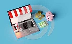 Red white space ship or rocket launch in smoke with laptop computer,store front,piggy bank,coins,banknote isolated on beige