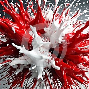 Red and white splashes of paint flying in different directions. Liquid explosion