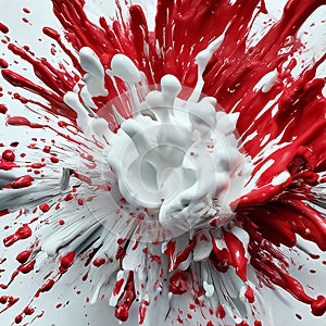 Red and white splashes of paint flying in different directions. Liquid explosion
