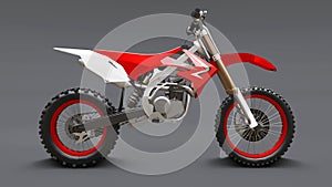 Red and white sport bike for cross-country on a gray background. Racing Sportbike. Modern Supercross Motocross Dirt Bike