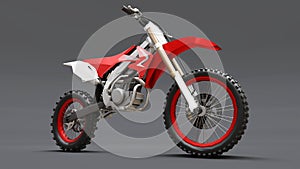 Red and white sport bike for cross-country on a gray background. Racing Sportbike. Modern Supercross Motocross Dirt Bike