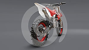 Red and white sport bike for cross-country on a gray background. Racing Sportbike. Modern Supercross Motocross Dirt Bike photo