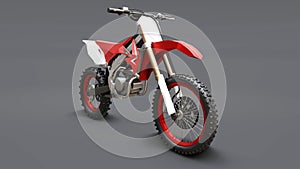 Red and white sport bike for cross-country on a gray background. Racing Sportbike. Modern Supercross Motocross Dirt Bike photo