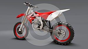 Red and white sport bike for cross-country on a gray background. Racing Sportbike. Modern Supercross Motocross Dirt Bike. 3D photo