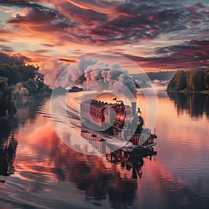 Red and white steam train sailing in the middle of the river