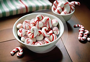 Red and White Striped Candies on Wooden Surface