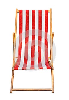 Red and white striped canvas deckchair isolated on a white background.