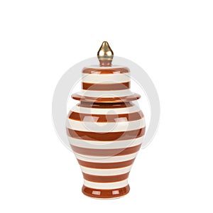 Red and white striped ceramic vase on a white background - decoration for an interior