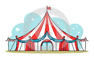 Red and white striped circus tent with blue trim and flag on top. Festive carnival marquee against blue sky