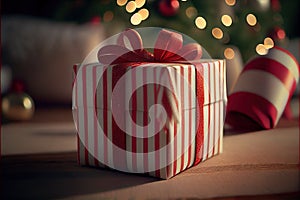 a red and white striped present box with a red bow on it and a christmas tree in the background