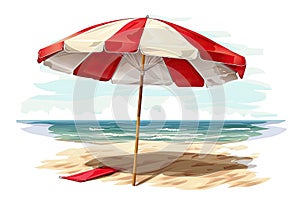 red and white striped umbrella on the beach.