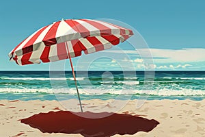 red and white striped umbrella on the beach. Beach vacation concept