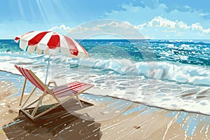 red and white striped umbrella on the beach. Beach vacation concept