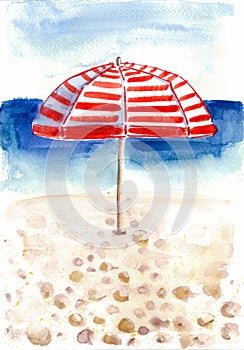 Red and white striped umbrella on the beach. Watercolor painting.