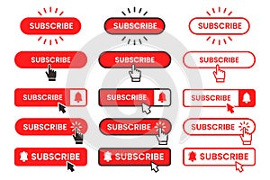 Red and white subscribe button with pointer and hand cursor