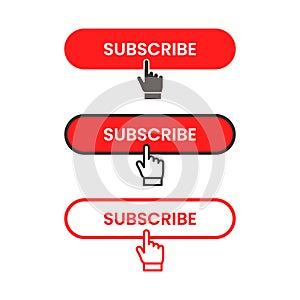 Red and white subscribe button with pointer and hand cursor
