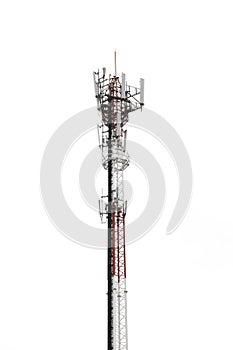 Red and White Telecommunication tower isolated on white background.
