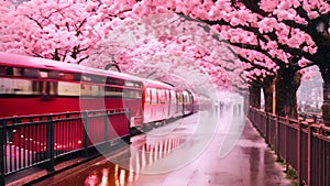 A red and white train makes its way down a rain-soaked street, Sakura blossom season in Tokyo, Japan