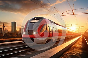 A red and white train traveling down train tracks. High-speed suburban train at sunset