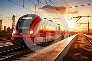 A red and white train traveling down train tracks. High-speed suburban train at sunset