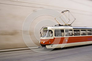 Red and white tramway in prague I