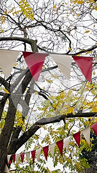 Red and white triangular bunting hanging against a background of bright yellow autumn foliage and sky