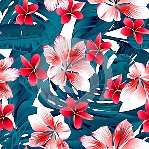 Red and white tropical hibiscus flowers seamless pattern