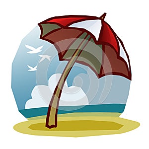 A Red and White Umbrella at a sunny beach