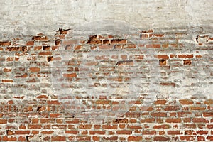 Red White Vintage Brick Painted Wall With Damaged Plaster
