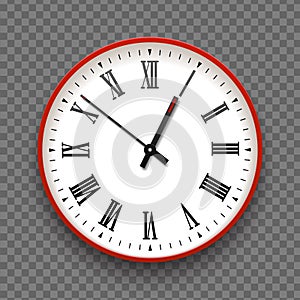 Red and white wall office clock icon with roman numbers. Design template vector closeup. Mock-up for branding and advertise