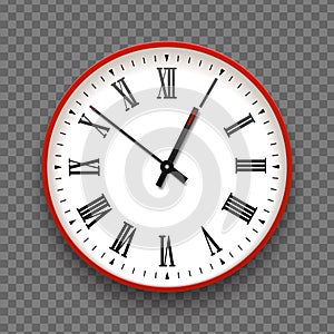 Red and white wall office clock icon with roman numbers. Design template vector closeup. Mock-up for branding and advertise