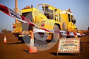 Red and white warning danger tape sign high risk work exclusion dropped zone photo