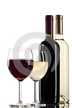 Red and white wine bottles with glasses