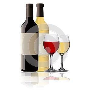 Red and white wine bottles and goblets