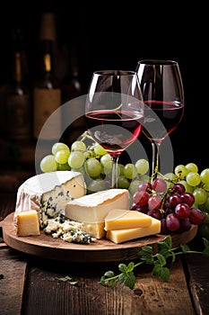 red and white wine, cheese, and grapes on a rustic wooden table AI generated