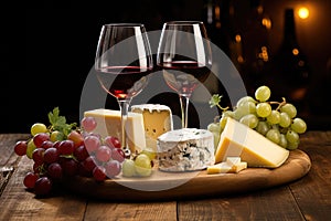 red and white wine, cheese, and grapes on a rustic wooden table AI generated