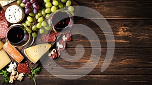 Red and white wine with cheese, salami, grapes and nuts on wooden background. AI Generated