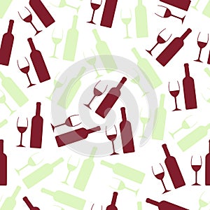 Red and white wine glasses and bottle seamless pattern