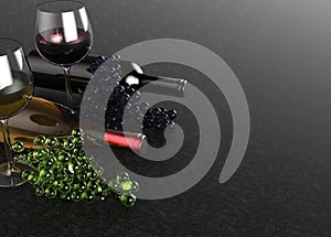 Red and white wine glasses and bottles. Grape on black background. 3d illustration.