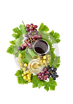 Red white wine glasses grape vine green leaves Food beverages