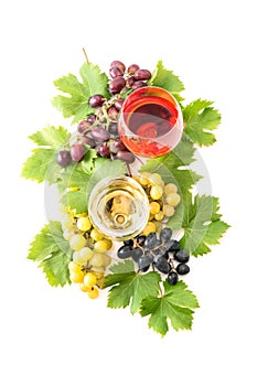Red white wine glasses grape white background